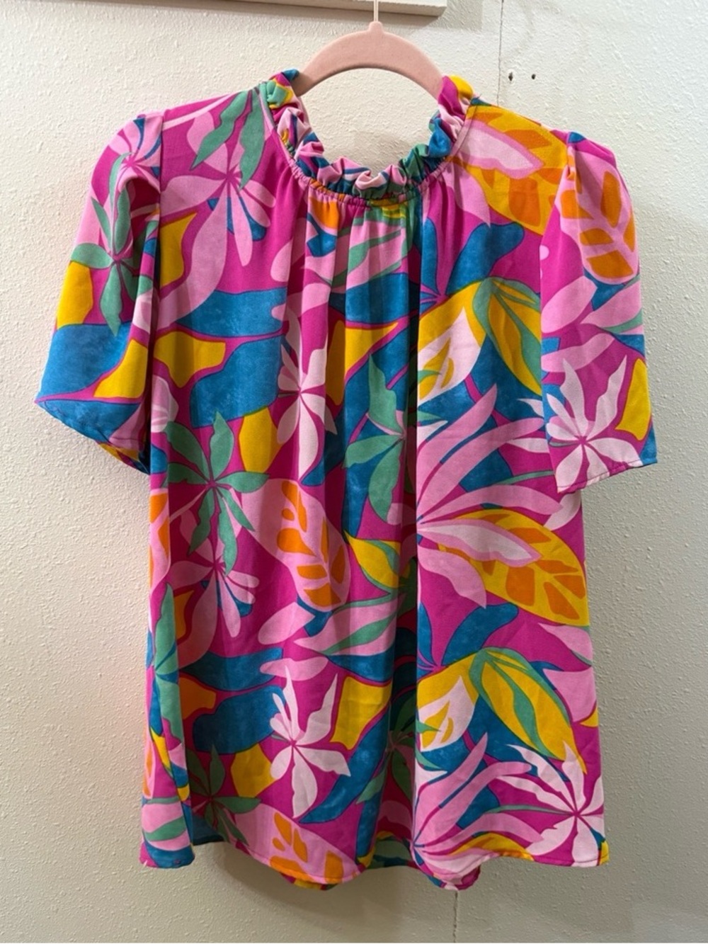 Bright Pink Tropical Print Short Sleeve Top